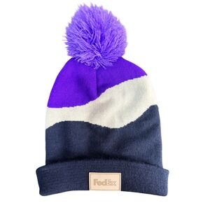 FedEx Beanie Unisex OS Purple Knit Pom Pom Hat Colorblock Workwear Winter Cap